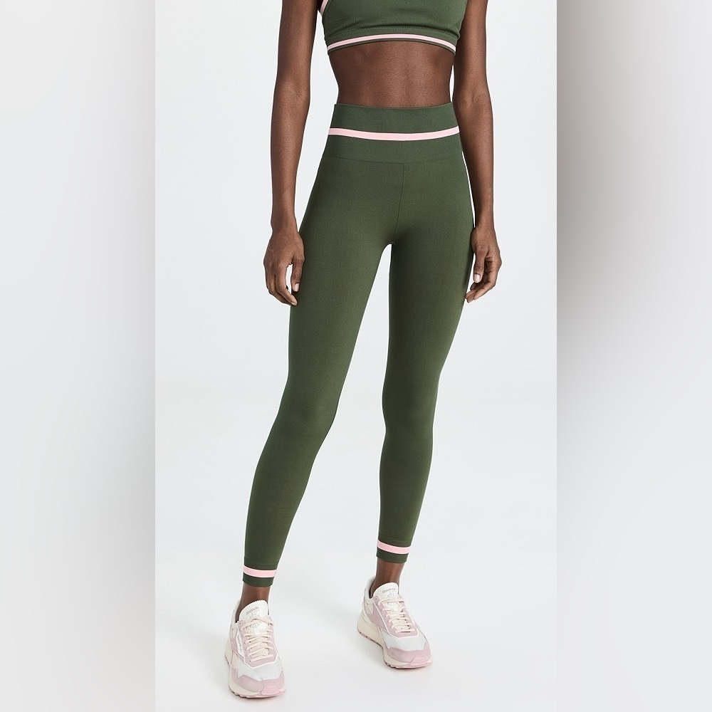 The Upside Form Seamless Midi Leggings Olive Green Pink Stripe Size Medium